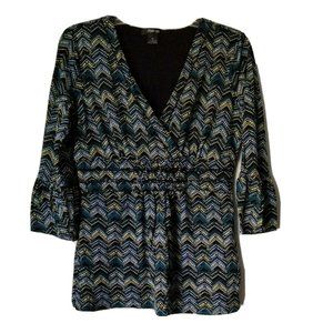 Style & Co Blouse Womens M Baby doll Lined Vneck 3/4 Bell sleeve smocked